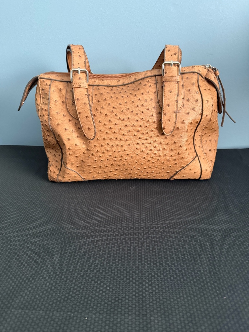 Ostrich Textured Large Shoulder Bag/Satchel in Tan